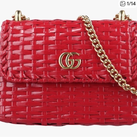 Gucci Handbags - Gucci Red Wicker Woven Mormont  Shoulder Bag with Gold Chain